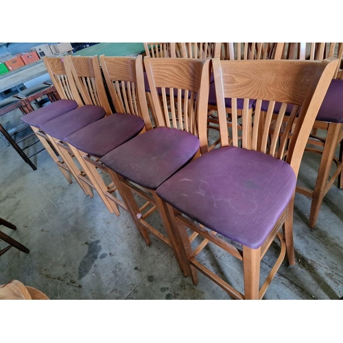 396 - Set of 5 x Heavy Wooden Bar Stools with Back Rests and Purple Fabric Padded Seats (5)