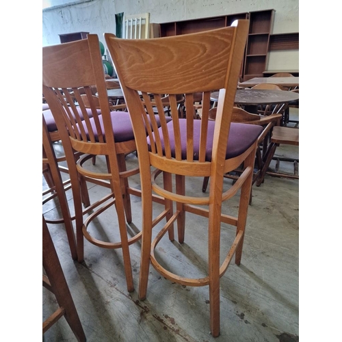 396 - Set of 5 x Heavy Wooden Bar Stools with Back Rests and Purple Fabric Padded Seats (5)