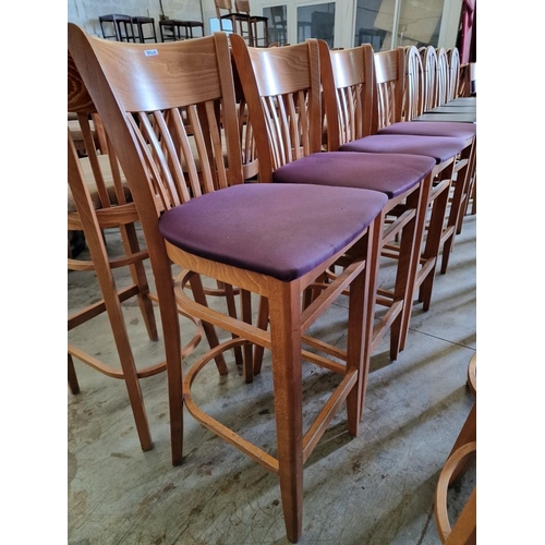 396A - Set of 4 x Heavy Wooden Bar Stools with Back Rests and Purple Fabric Padded Seats (4)