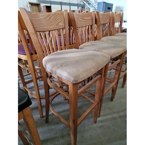 396B - Set of 4 x Heavy Wooden Bar Stools with Back Rests and Beige Fabric Padded Seats (4)