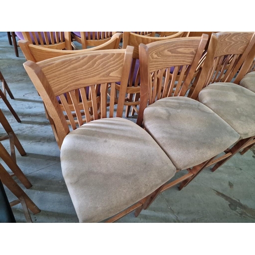 396B - Set of 4 x Heavy Wooden Bar Stools with Back Rests and Beige Fabric Padded Seats (4)