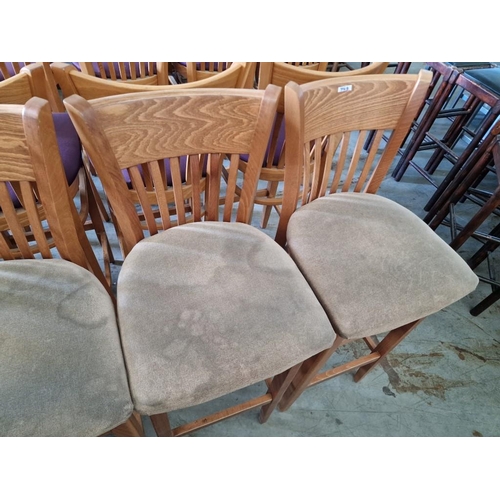 396B - Set of 4 x Heavy Wooden Bar Stools with Back Rests and Beige Fabric Padded Seats (4)