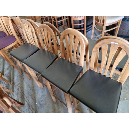 396C - Set of 4 x Light Wood Bar Stools with Carved Top Back Rest and Black Vinyl Padded Seat (4)