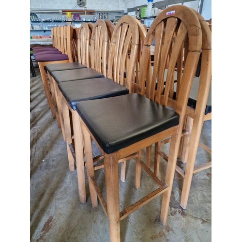 396C - Set of 4 x Light Wood Bar Stools with Carved Top Back Rest and Black Vinyl Padded Seat (4)