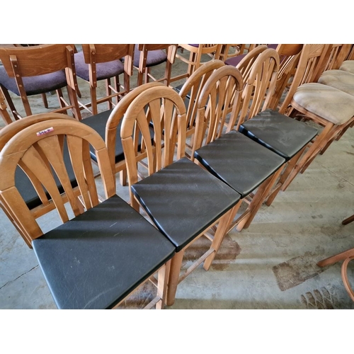 Set of 4 x Light Wood Bar Stools with Carved Top Back Rest and Black
