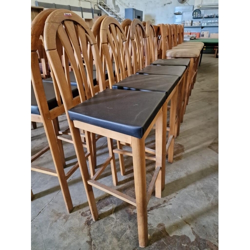 Set of 4 x Light Wood Bar Stools with Carved Top Back Rest and Black