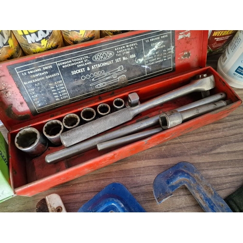 561 - Box of Assorted Items; Socket Set in Red Metal Case, 'G' Clamps, Fly Spray, Garden Cutters, 'Super C... 