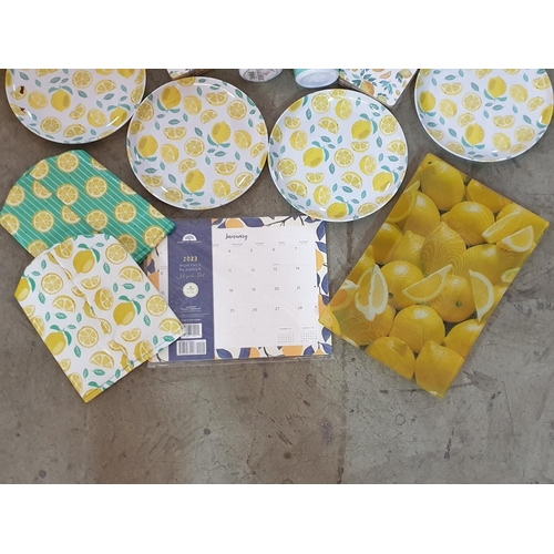 566 - Large Collection of Assorted Pic Nic Accessories with Lemon Pattern; Plastic plate, Plastic Glasses,... 