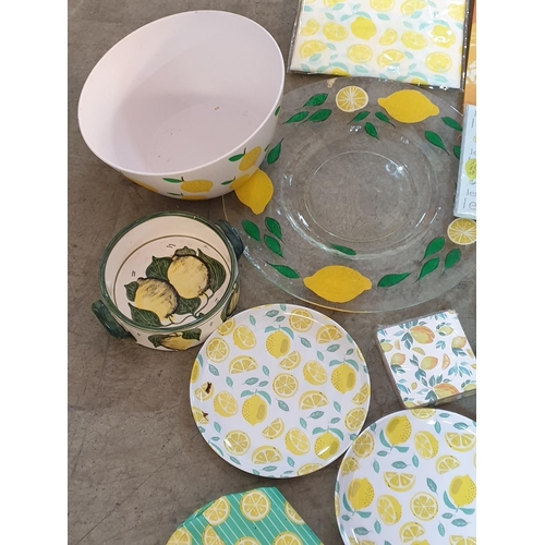 566 - Large Collection of Assorted Pic Nic Accessories with Lemon Pattern; Plastic plate, Plastic Glasses,... 