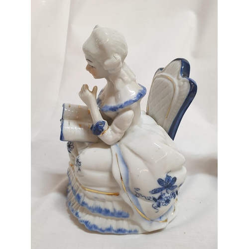 535 - Continental Style Blue and White Vintage Porcelain Figurines (Young Men, H:17.5cm and Reading Young ... 