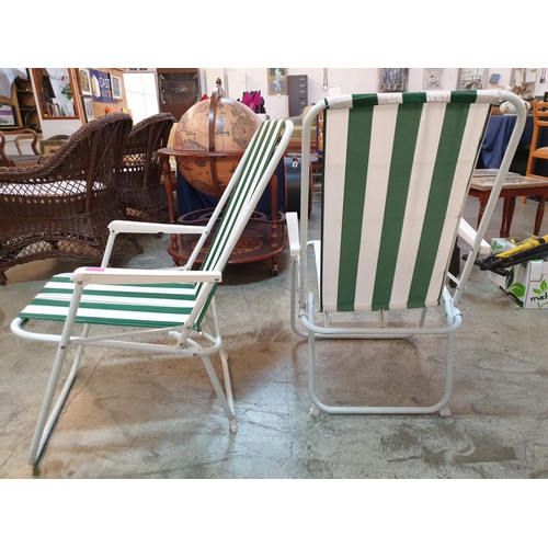 666 - 2 x Folding Garden / Outside Chairs with Green and White Stripped Fabric (A/F)