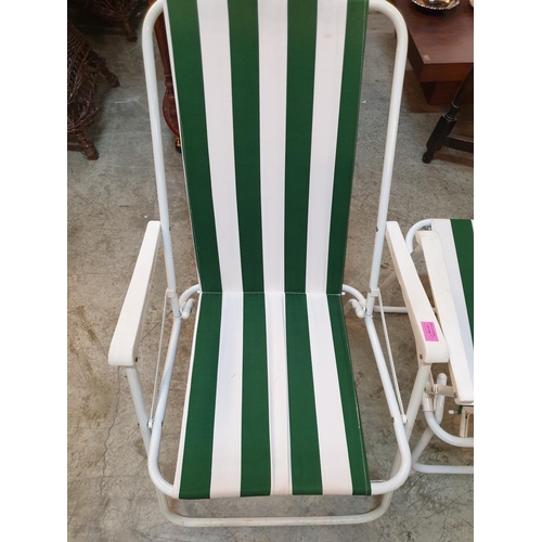 666 - 2 x Folding Garden / Outside Chairs with Green and White Stripped Fabric (A/F)