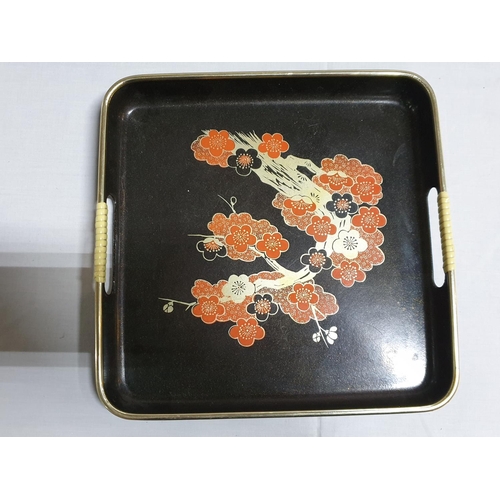 389 - Vintage Japanese Black Lacquer Serving 2 - Piece Tray Set (Original 3 - Piece) Floral Gold Asian Flo... 