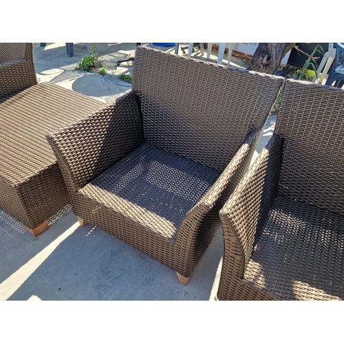 107 - Set of 3 x Dark Brown Ratan Garden / Patio Chairs, Together with Square Side Table, * Looks Unused *... 