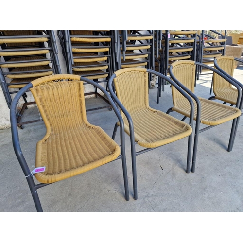 113 - Set of 12 x Metal and Ratan Garden Arm Chairs / Bistro Chairs, Stackable, Together with Base / Stand... 