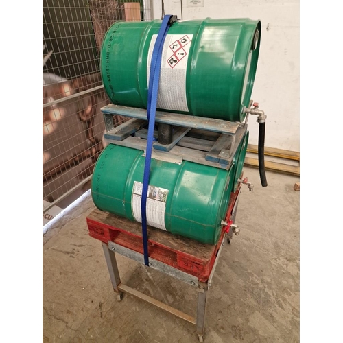 574 - 3 x 60L Metal Drums on Custom Made Metal & Wood Stand / Frame with Wheels, (Approx. 80 x 70 x 155cm ... 