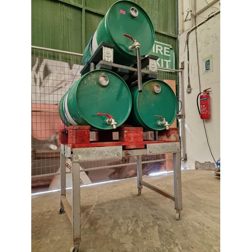 574 - 3 x 60L Metal Drums on Custom Made Metal & Wood Stand / Frame with Wheels, (Approx. 80 x 70 x 155cm ... 