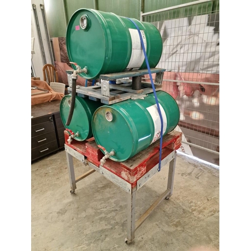 574 - 3 x 60L Metal Drums on Custom Made Metal & Wood Stand / Frame with Wheels, (Approx. 80 x 70 x 155cm ... 