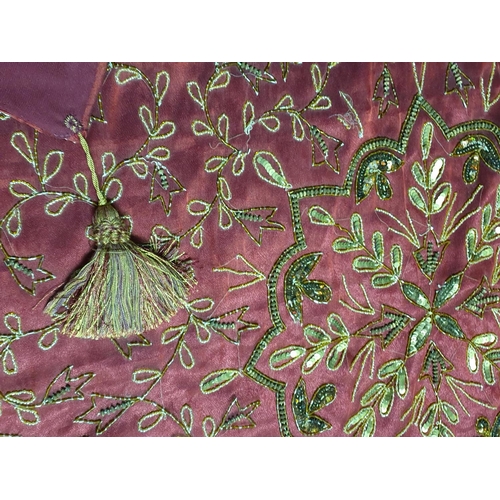 610 - 3 x Oriental Pattern and Style Table Cloth and 2 x Silk Pillow Covers in Burgundy, Gold, Green Colou... 