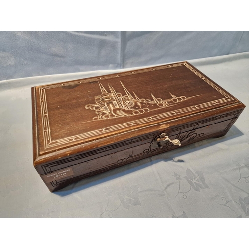 637 - Carved Wooden Jewelry Box with Oriental Design Top and Red Felt Lined Fitted Interior with Mirror