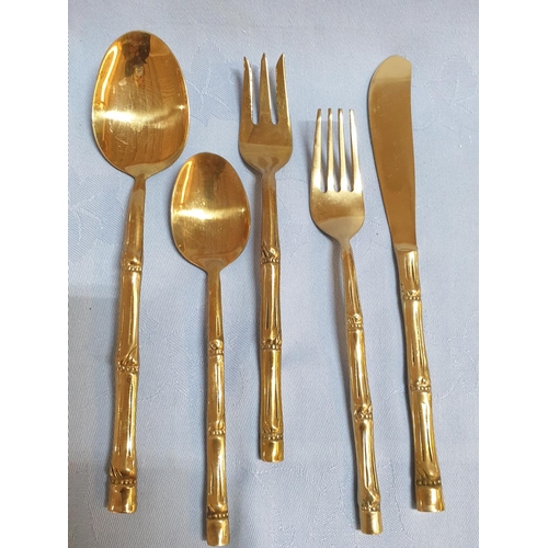 641 - Large Set of 98pcs of Brass Cutlery Bamboo Pattern on Handles in Wooden Display Box