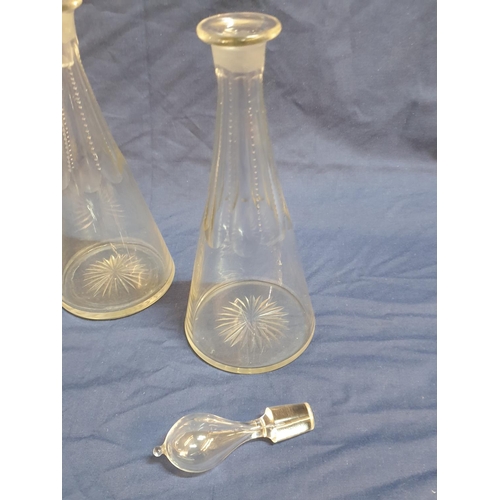 732 - 2 x Retro Cut Glass Decanters with Stoppers Together with 2 - Different Stoppers