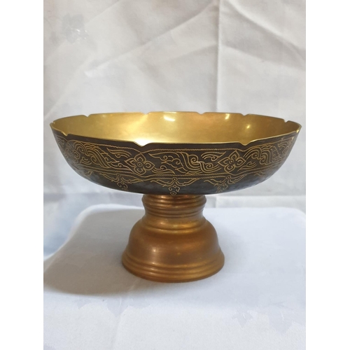 735 - Brass Engraved Collection of Home Decor (pedestal Bowl, Oval Dish, 2 x Small Bowls)