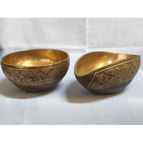 735 - Brass Engraved Collection of Home Decor (pedestal Bowl, Oval Dish, 2 x Small Bowls)