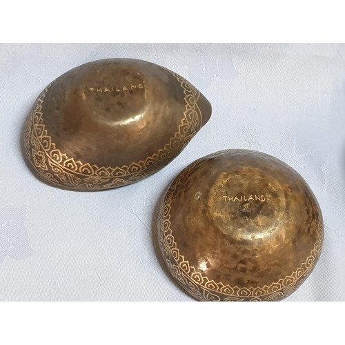 735 - Brass Engraved Collection of Home Decor (pedestal Bowl, Oval Dish, 2 x Small Bowls)