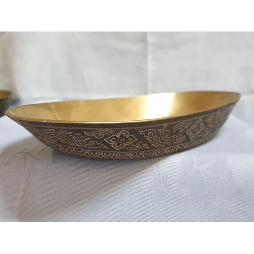 735 - Brass Engraved Collection of Home Decor (pedestal Bowl, Oval Dish, 2 x Small Bowls)