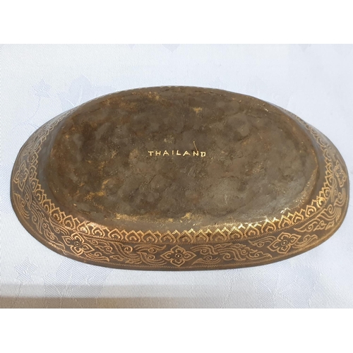 735 - Brass Engraved Collection of Home Decor (pedestal Bowl, Oval Dish, 2 x Small Bowls)