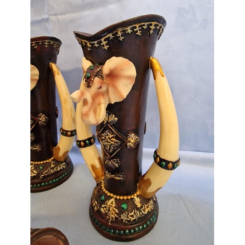 745 - Pair of Elephant Theme Vases, Painted Pottery Horn and Pedestal Square Bowl, (4)