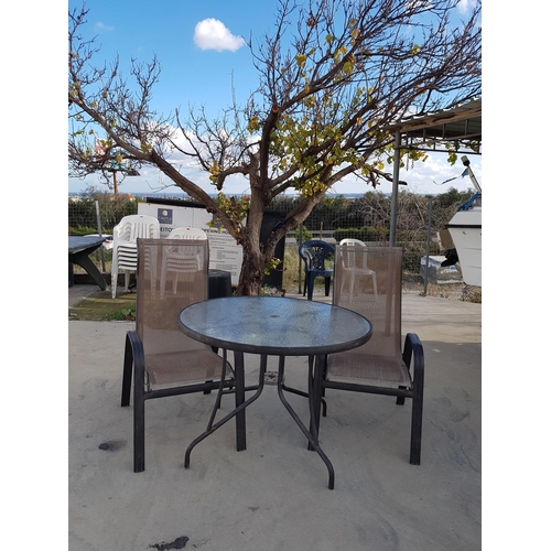 749 - Round Garden Table Metal with Glass Top (Ø102 x H:72.5cm) Together with 2 x Matching Chairs