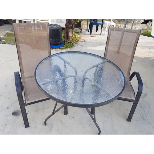 749 - Round Garden Table Metal with Glass Top (Ø102 x H:72.5cm) Together with 2 x Matching Chairs