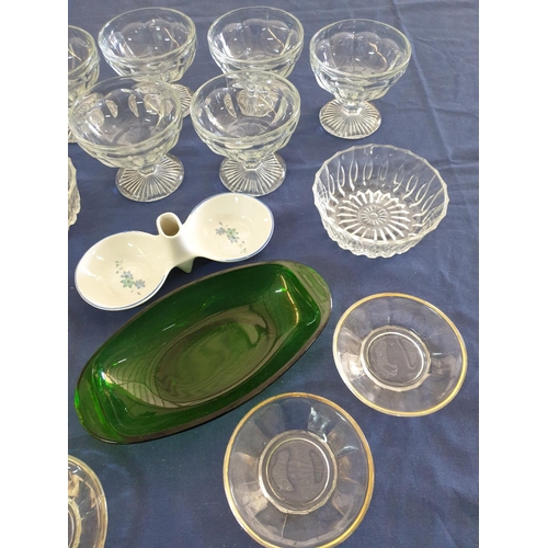 751 - Retro Tableware; Dessert Cut Glasses Bowl, Green Glass Dish, 4 x Little Plates with Gold Rim, Porcel... 