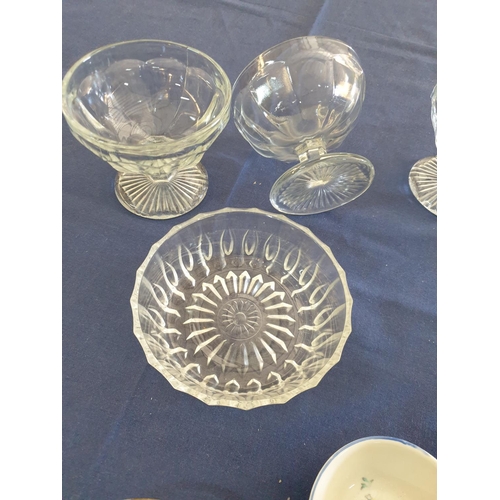 751 - Retro Tableware; Dessert Cut Glasses Bowl, Green Glass Dish, 4 x Little Plates with Gold Rim, Porcel... 