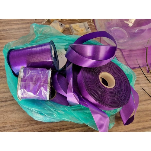 779 - Collection of Table Centre Piece Decoration, Incl. Glass Bowls, Purple Runner, Ribbons, Voile with L... 