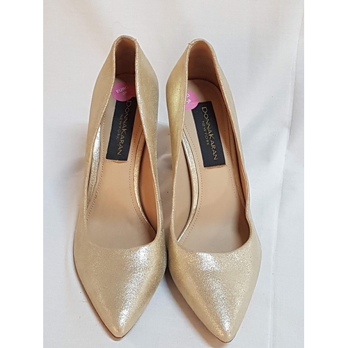 787 - Pair of Donna Karan New York High Heel Gold Shoes with Fancy Heel, Size 38