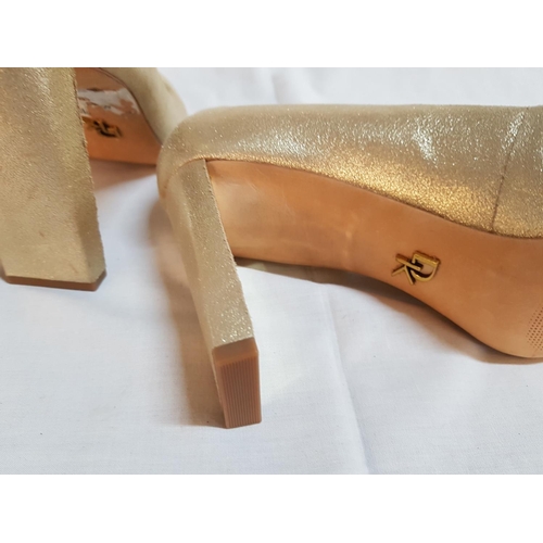 787 - Pair of Donna Karan New York High Heel Gold Shoes with Fancy Heel, Size 38