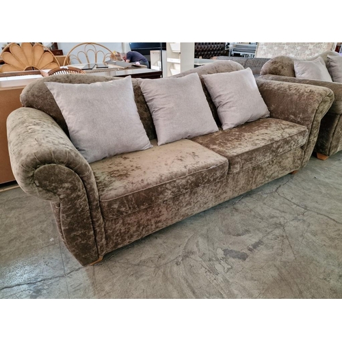 813 - Classical Style Plush Fabric 3-Seat and 2-Seat Sofas with Scroll Arms and Scatter Cushions, (2)