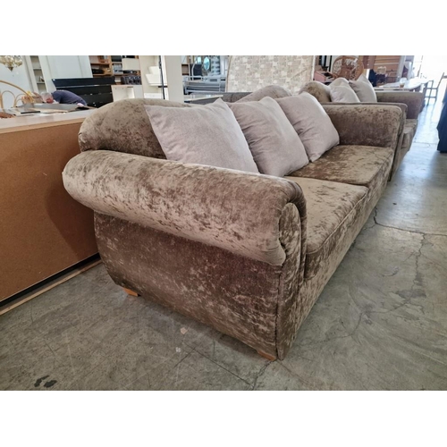 813 - Classical Style Plush Fabric 3-Seat and 2-Seat Sofas with Scroll Arms and Scatter Cushions, (2)