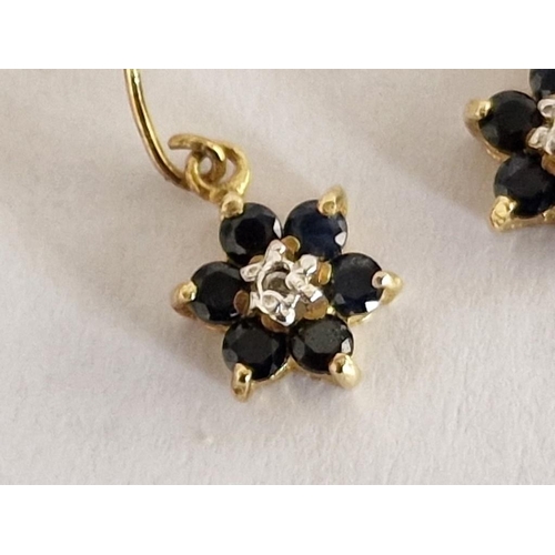 2 - Pair of 9ct Gold Earrings with Clear Centre Stone and Surrounding 6 x Blue Stones in Flower Pattern,... 