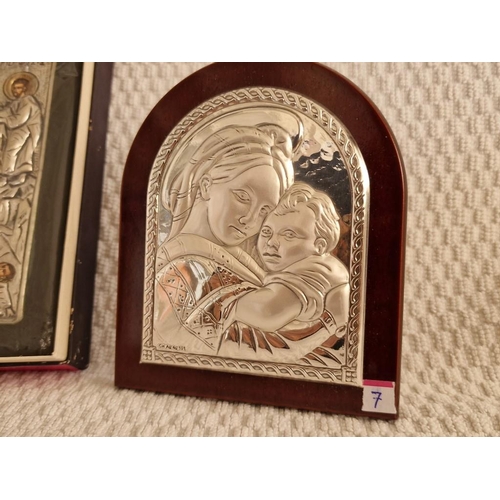 7 - 2 x Silver Icons; Arched Top Mother & Child in .925 Silver on Wood, (Approx. H: 12cm), Together with... 