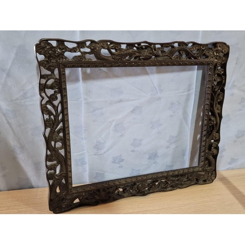 93 - Oriental Style Carved Ebonised Wood Fire Screen Parts; Frame (Approx. 54 x 46) and Stand, (Approx. 6... 