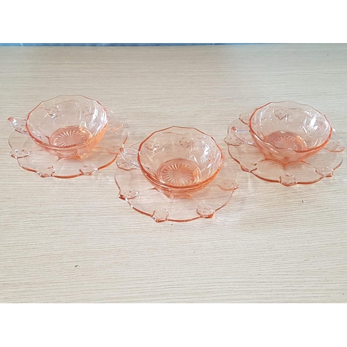 143 - Collection of Retro Pink Glass Fruit Bowl (Ø22.5cm) and 3 x Tea Cups with Matching Saucers