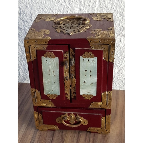 155 - Chinese Jewellery Box (12.5 x 17.5 x 9cm) and Jewellery Wardrobe in Burgundy Lacquered Metal and Jad... 