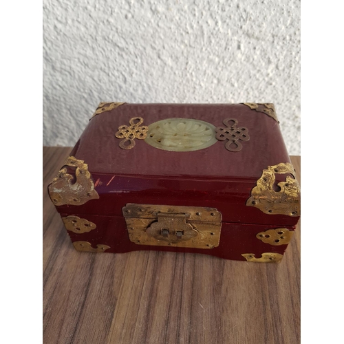 155 - Chinese Jewellery Box (12.5 x 17.5 x 9cm) and Jewellery Wardrobe in Burgundy Lacquered Metal and Jad... 