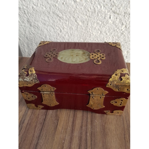 155 - Chinese Jewellery Box (12.5 x 17.5 x 9cm) and Jewellery Wardrobe in Burgundy Lacquered Metal and Jad... 