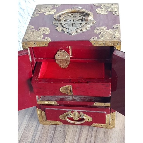 155 - Chinese Jewellery Box (12.5 x 17.5 x 9cm) and Jewellery Wardrobe in Burgundy Lacquered Metal and Jad... 