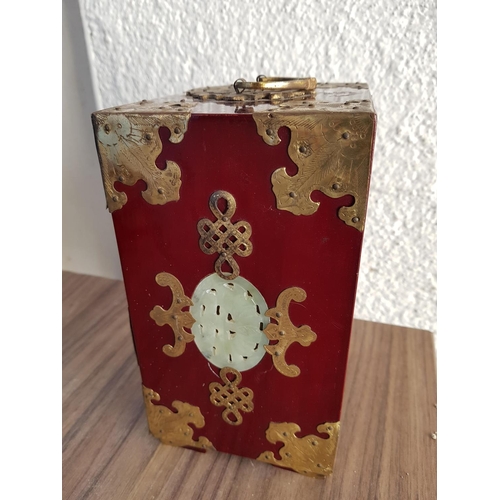 155 - Chinese Jewellery Box (12.5 x 17.5 x 9cm) and Jewellery Wardrobe in Burgundy Lacquered Metal and Jad... 